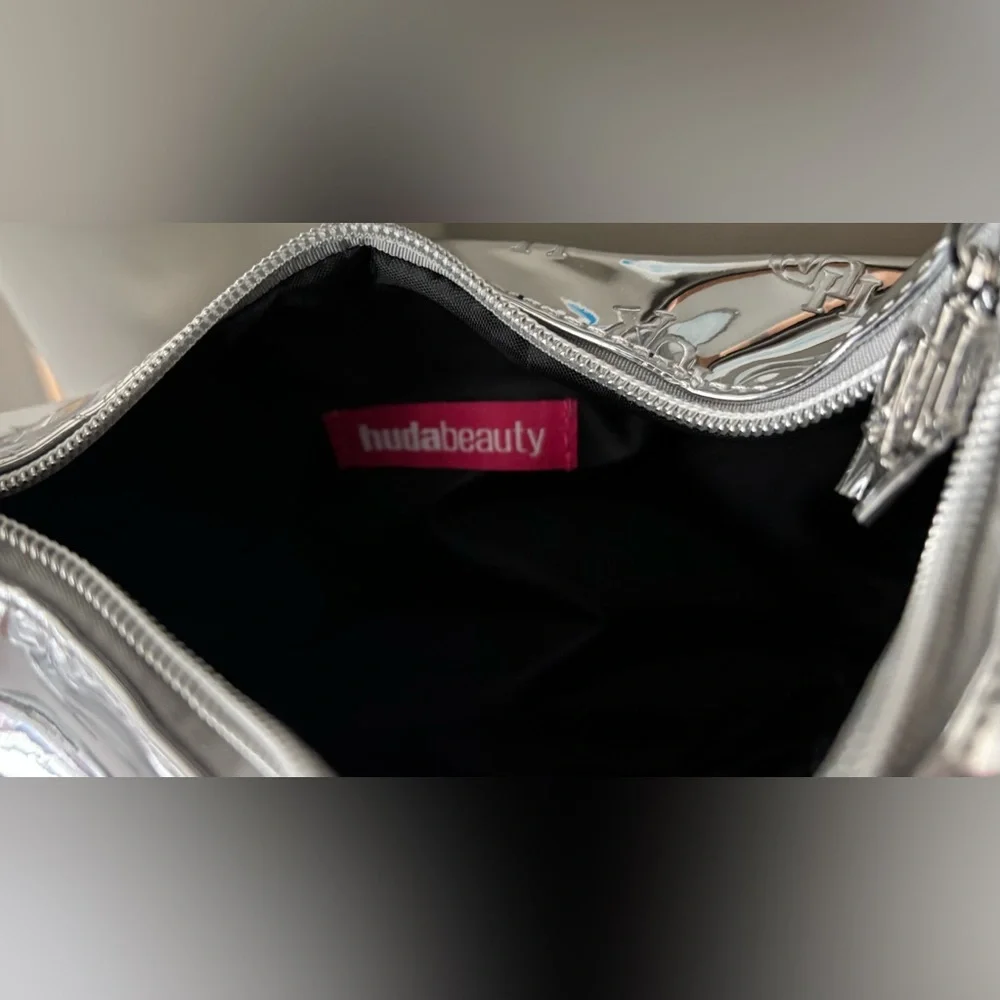 Huda Beauty Chrome Silver Color Small Makeup Cosmetic Handbag  8” x 7.5” x 4”